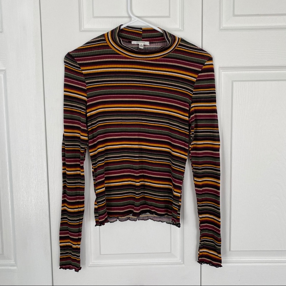 Lettuce Edge Striped Long Sleeve Mock Neck